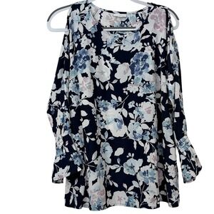 J. Jill Floral Cold Shoulder Top Size M Navy Blue Watercolor Excellent